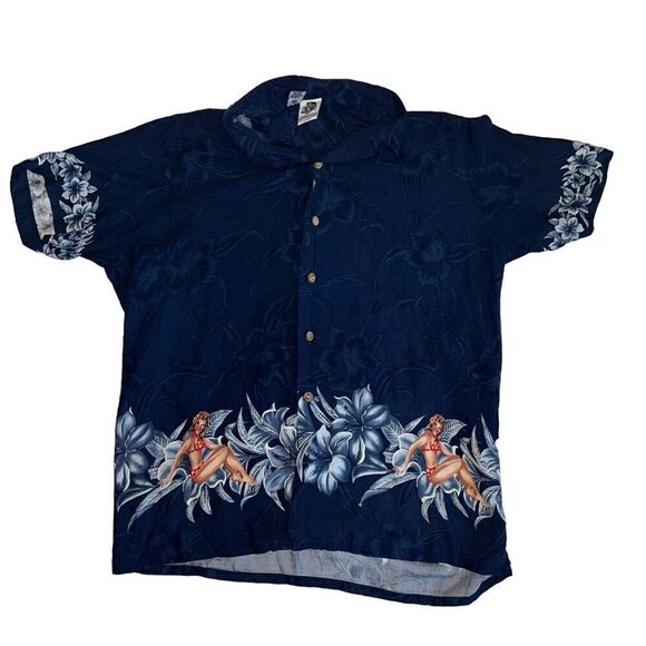 Kennington Other - Kennington Hawaiian Shirt Size Large Bikini Girl Floral Graphic Button Down Blue